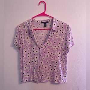 Large, purple, floral button-up